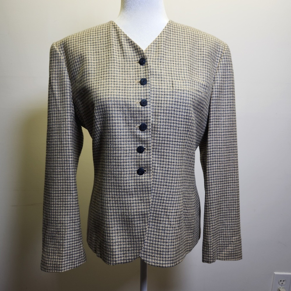 Vtg Jones New York Rayon Silk Jacket Sz 6 Collarless Micro Houndstooth 90s USA